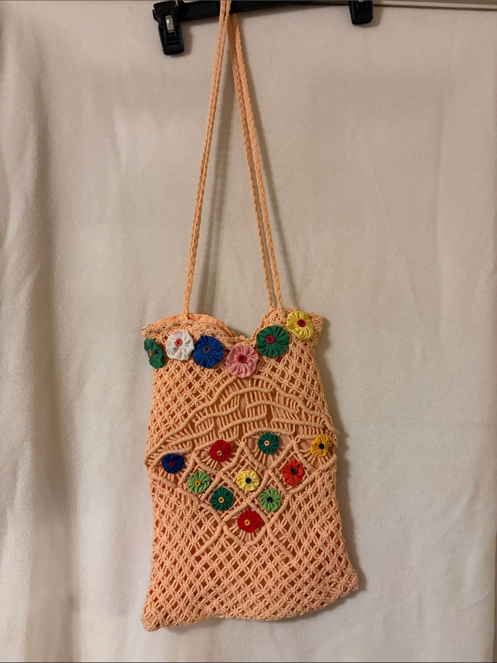 Handmade Peach Crochet Shoulder Bag with Multicolor Floral Accents